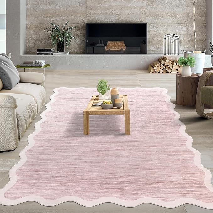 GarveeHome Scalloped Washable Area Rugs 8x10 Rugs for Living Room, Pink | Modern Non Slip Bedroom Rug Large Area Rug Non Slip Soft Low Pile Stain Resistant Carpet for Girls Room Classroom Nursery