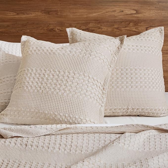 PHF 100% Cotton Ruffle Waffle Weave Euro Sham Covers, 2 Pack 26" x 26" Bed Pillow Covers for Elegant Home Decor, No Filling, Luxury Aesthetic Euro Pillow Cases for Bed, Oatmeal