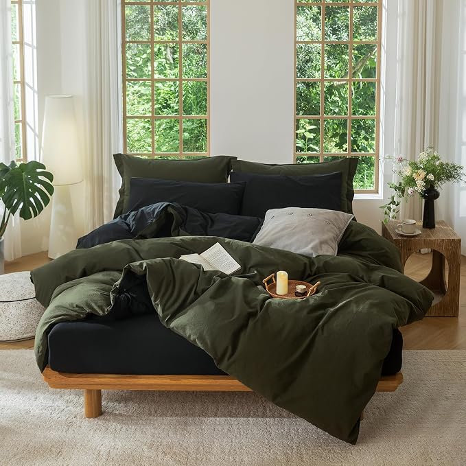 BDEAR 3Pcs Duvet Cover Set King Size 104" Wx90 L,Olive Green and Black | 100% Washed Cotton, 1 Duvet Cover with 2 Pillowcases, Zipper Closure, OEKO TEX Standard,8 Corner Ties,Linen-Liked Texture