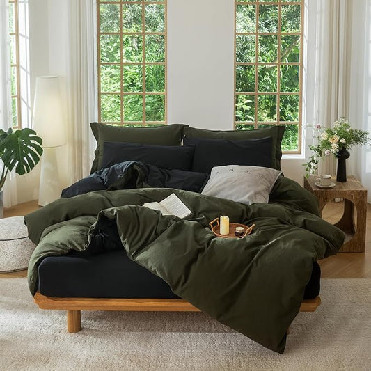 BDEAR 3Pcs Duvet Cover Set King Size 104" Wx90 L,Olive Green and Black | 100% Washed Cotton, 1 Duvet Cover with 2 Pillowcases, Zipper Closure, OEKO TEX Standard,8 Corner Ties,Linen-Liked Texture
