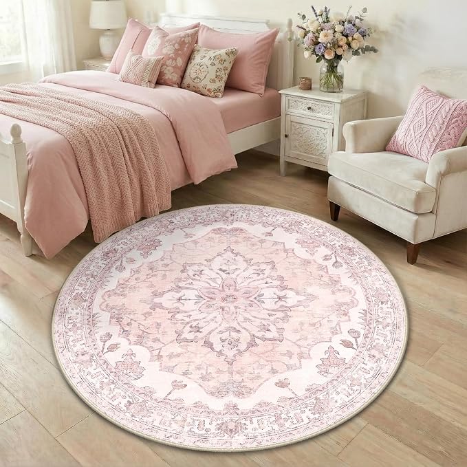 RELEANY Washable Area Rug, Round 4ft, Pink | Non-Slip, Water Repellent, Pet Friendly, Easy to Clean, Vintage Floral Boho Decor for Living Room Bedroom Dining Room Entry