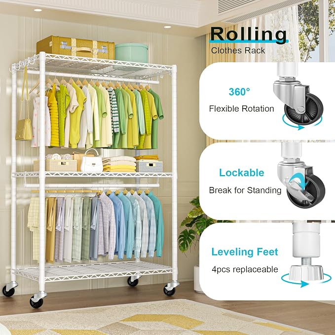 FUTASSI Rolling Clothes Rack, Clothing Racks for Hanging Clothes, White | P3 Plus Heavy Duty Garment Rack with Wheels, Freestanding Portable Closet Racks 45" W x 14" D x 78.5" H, Max Load 480 LBS