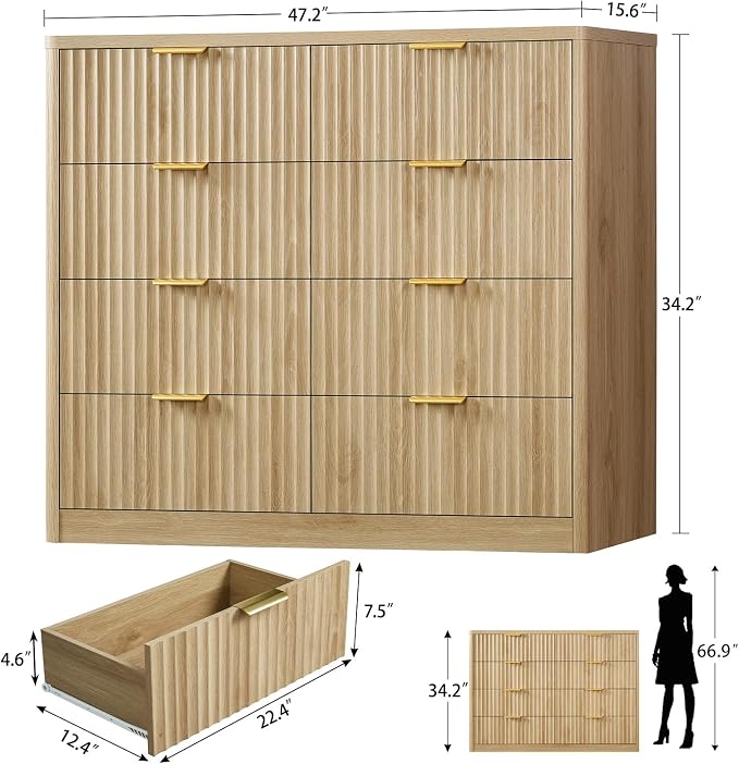 TEENOFN Fluted Dresser for Bedroom with 8 Drawers, 47.2" Wide Modern Chest of Drawers with Metal Handle, Dresser TV Stand, Wood Closet Clothes Storage Organizer for Living Room, Hallway, Natural