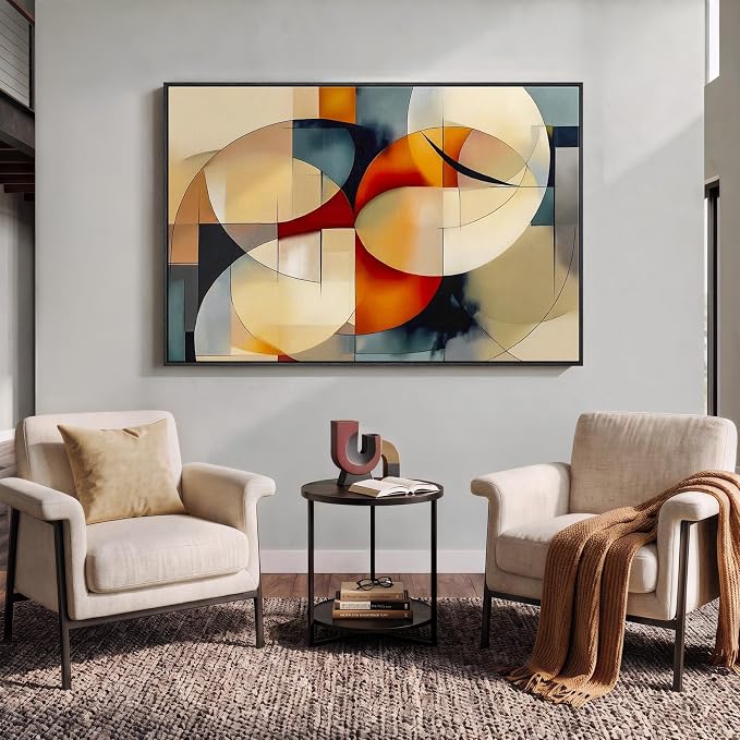 Extra Large Framed Geometric Abstract Wall Art for Living Room, 60x40 In | Orange blue colorful picture, Horizontal canvas prints, Wood frame, Modern artwork, Wall decor for bedroom dining room office