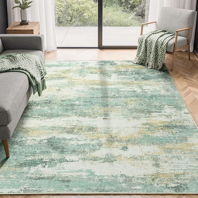 Rugflix 5x7 Area Rugs for Living Room, Washable Light Green Large Rug | Machine Washable; Stain-Resistant; Low Pile; Non-Slip; Modern Abstract; Carpet for Bedroom Dining Office Nursery Home