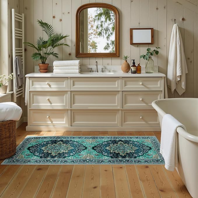 RELEANY Washable Area Rug, Runner 2'x5', Teal | Non-Slip, Water Repellent, Pet Friendly, Easy to Clean, Vintage Floral Boho Decor for Kitchen Entry Bedroom Bedside Laundry