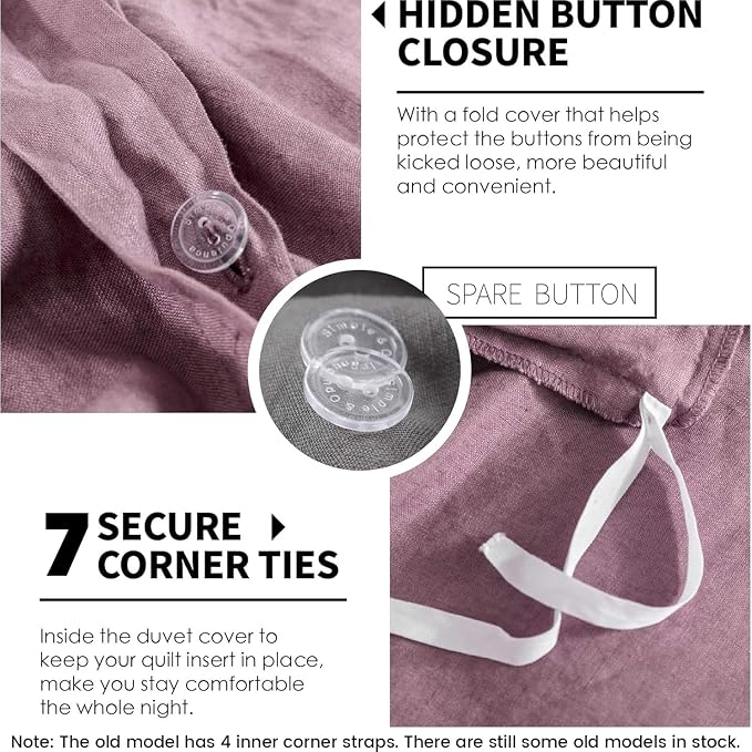 Simple&Opulence 100% Linen Duvet Cover Set 3pcs Basic Style Natural French Washed Flax Solid Color Soft Breathable Farmhouse Bedding with Button Closure - Purple, King