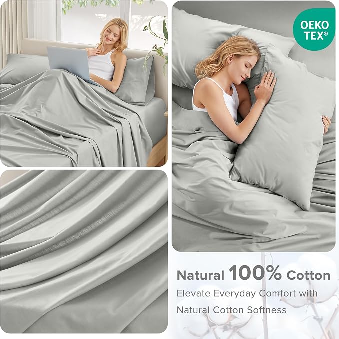 Comfort Spaces 100% Cotton Percale Sheets King Extra Deep Pocket, 4 Pcs | Crisp, Cool & Breathable Bed Sheets, 22" Deep Pocket Fits Up to 24" Mattress, Lightweight, All Season Cozy, Grey