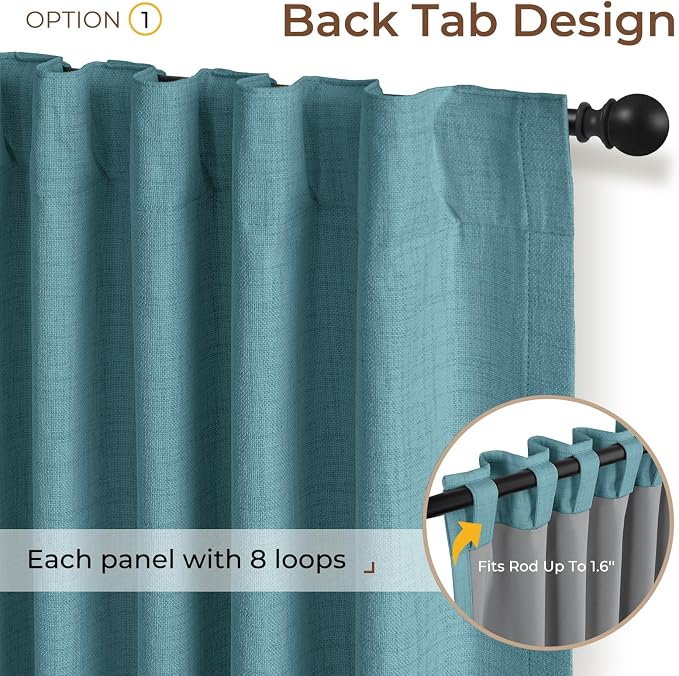 INOVADAY 100% Blackout Linen Curtains for Bedroom 50x90 Inches Teal | Linen Textured, Light Blocking, Room Darkening, Thermal Insulated, Back Tab Top, Window Curtains for Living Room, 2 Panels