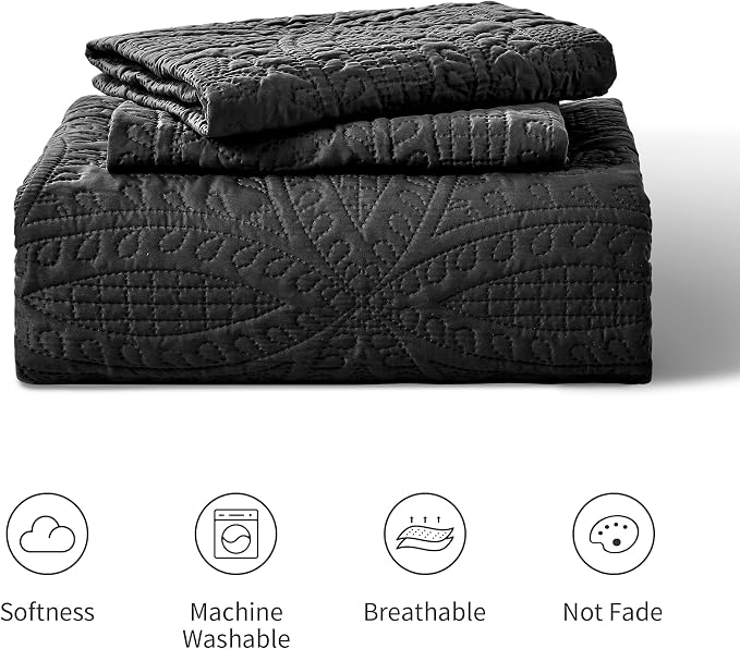Love's cabin Quilts for Full Bed Black Bedspreads Bedding Set - Lightweight Bedspread Comforter - Coin Pattern Bedding Coverlet for All Season - 3 Pieces (1 Quilt, 2 Pillow Shams)