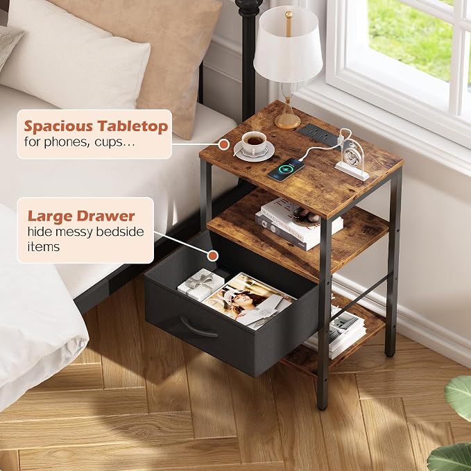 SUPERJARE Nightstand Set of 2 with Charging Station, USB-C Port, End Tables | Night Stand for Bedroom, with Adjustable Fabric Drawer, 3-Tier Storage Bedside Tables for Living Room, Rustic Brown & Black