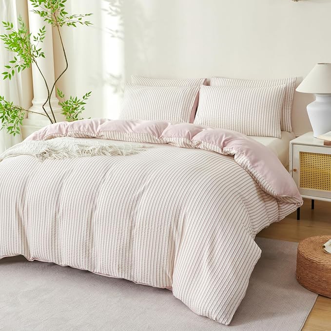 Comforter Set King Size Dusty Pink Soft Luxury Washed Microfiber Jacquard 3 Pieces Bedding Set, White Dusty Pink Vertical Ticking Stripes Comforter with 2 Pillowcases Breathable Durable Comfy
