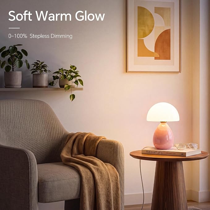 Mushroom Lamp Table Lamp for Bedroom-Small Desk Table Lamps,Pink | Ice Crackle 10.08" Mid Century Modern Table Lamps for Living Room Bedroom Decor,Ceramic Lamps for Home Room Decor,Glass Shade