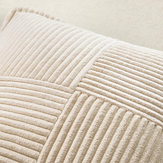 MIULEE Decorative Throw Pillow Covers for Couch Bed Livingroom 18x18 Inch Set of 2 Beige Boho Accent Throw Pllows Broadside Striped Patchwork Soft Corduroy Pillowcases (Pack of 2)