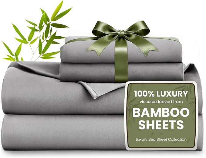 Love's cabin 4 Piece Full Size Sheet Set, 100% Rayon Derived from Bamboo, Cooling & Breathable, Soft Silky Deep Pocket up to 16", Hotel Luxury Bedding for Hot Sleepers, Grey
