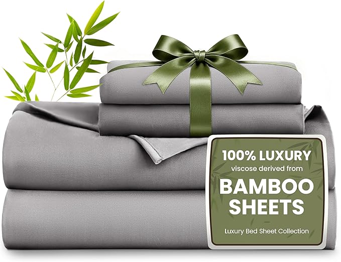 Love's cabin 4 Piece California King Size Sheet Set, 100% Rayon Derived from Bamboo, Cooling & Breathable, Soft Silky Deep Pocket up to 16", Hotel Luxury Bedding for Hot Sleepers, Grey