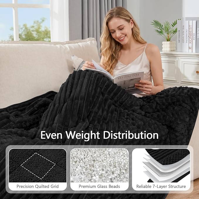 Mr. Sandman Weighted Blankets for Adults, Queen Size 60 x 80 Inches, 15lbs | Machine Washable; Soft Warm Sherpa Fleece; Soft Plush Jacquard with Glass Beads; Heavy Throw for Calm Relaxing Sleep; Black