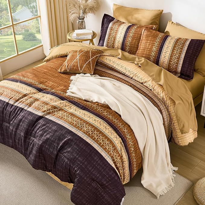 Dintszyayue Boho King Comforter Size Set, 8 Pieces Striped Texture Gold Purple Bed in a Bag Sets, Lightweight Soft Bohemian Comforter and Sheet Set, All Season Microfiber Bedding Sets for Men Women