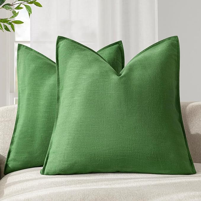Foindtower Linen Solid Decorative Throw Pillow Covers 18x18 Forest Green | Pack of 2 Boho Farmhouse Neutral Pillowcase,Soft Euro Accent Cushion Covers,Home Decor for Bed Couch Sofa Bedroom Living Room