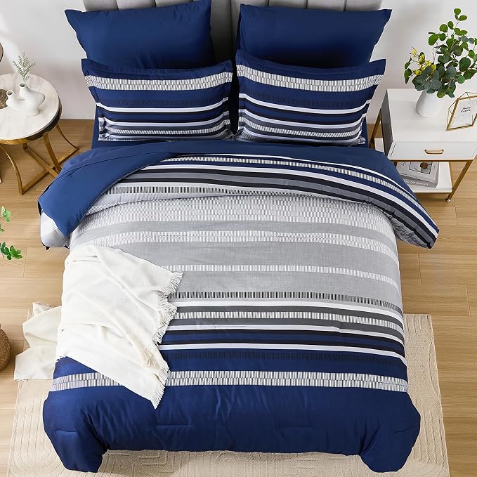 Dobuyly Navy Blue Queen Comforter Set 7 Pieces, Boho Striped Bed in a Bag Queen Size Soft Microfiber All Season Bedding Set with Comforter, Sheets, Pillowcases & Shams