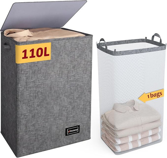 110L Laundry Hamper with Lid, Reinforced Sturdy Large Laundry Hamper with Handle and Lid, Collapsible Clothes Basket Organizer with Removable Liner Bag, Tall Dirty Clothes Bin for Dorm Bedroom