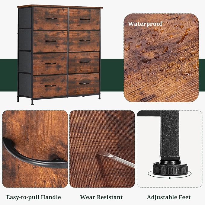 8-Drawer Dresser for Bedroom, Anti-Tip Tall Storage Organizer | Chest of Drawers with Wooden Top and Metal Frame Fabric Bins for Closet, Living Room, Hallway, Entryway, Brown