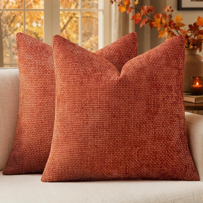 MIULEE Fall Decorative Couch Throw Pillow Covers 16x16 Burnt Orange 2 Pack | Modern Boho Accent, Soft Chenille Pillow Covers, Farmhouse Cushion Cases for Home Decor Bed Sofa Living Room