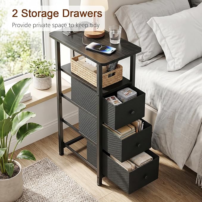 LOAKEKEL Narrow End Table with Charging Station, Small Nightstand | Skinny Side Tables Living Room with 3 Fabric Drawers, Slim Bedside Table for Bedroom, Small Spaces, Couch, Black