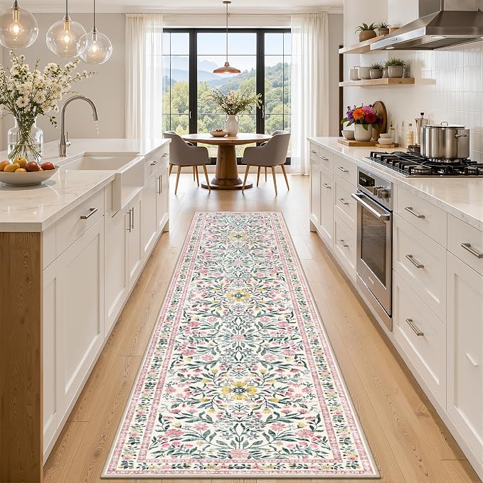 PLHXFR 3x10 Washable Runner Rug：Floral Indoor Kitchen Carpet Pink Green | For Hallway Bedroom Kitchen Laundry Bathroom Dorm,Vintage Floral,Machine washable,Non Slip,Stain Resistant,Indoor Floor