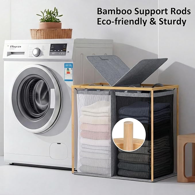 efluky Laundry Hamper with Lid, Double Laundry Basket with 2 Removable Bags, 2 Section Laundry Bin with Bamboo Handles for Bathroom, Bedroom & Laundry Room, 140L (36.9 Gallon) Blue Grey