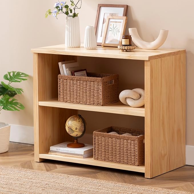 UBBCARE 2 Pack Wicker Basket, 13.4L×8.3H×7.1W inch Woven Paper Rope Storage Baskets for Shelves, Foldable Rectangular Storage Baskets with Handle, Storage Basket for Organizing, Caramel