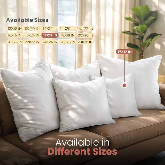 Utopia Bedding 17x17 Pillow Inserts, White Throw Pillows for Couch, 2 Pack | 100% Virgin Filling, Indoor Cushion Inserts for bed, sofa & couch, Extra Filled, Supportive & Fluffy Decorative Pillows