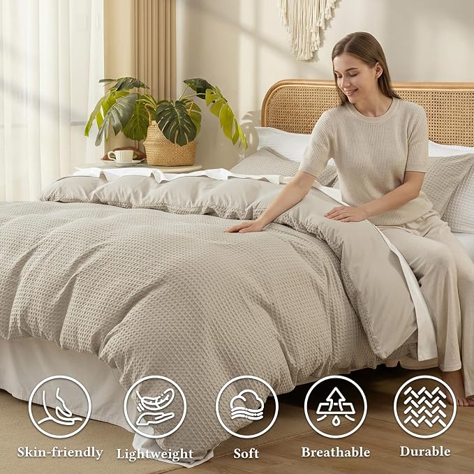 David's Home Soft Textured Waffle Weave Duvet Cover Set, King Size, Natural | Breathable Cozy for All Season, 300GSM, 3PCS Home Bedding Decor, OEKO-TEX Certified, Hidden Zipper, 8 Corner Ties, 104" X 90"