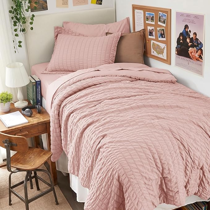 HYMOKEGE Rose Gold Twin Comforter Set Seersucker 5 Pieces, All Season Luxury Bed in a Bag Queen for Bedroom, Bedding Set with Comforter, Sheets, Pillowcase & Sham