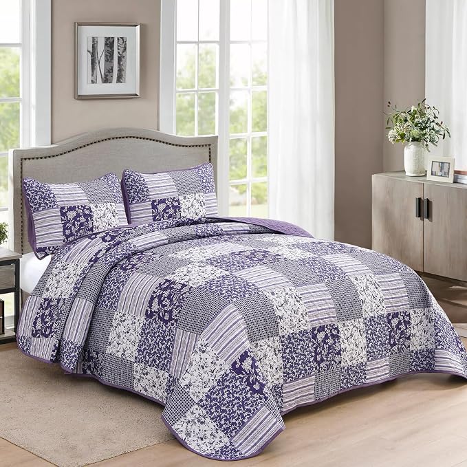 Mybedsoul Boho Quilts Queen Size, Patchwork Reversible Bedding Set, Purple | Soft Lightweight Microfiber Floral Coverlet Set, 3 Pieces Plaid Reversible Bedspread, Bed Sets for All Seasons 90"x96"
