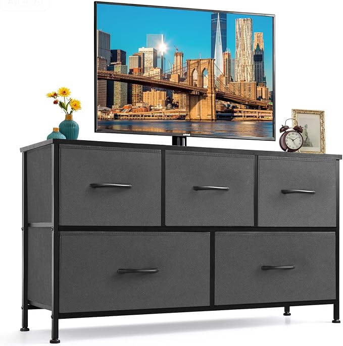 5-Drawer Dresser for Bedroom, Anti-Tip Wide Storage Organizer Fabric | Chest of Drawers TV Stand for 45" TV with Wooden Top and Metal Frame for Closet, Living Room, Hallway, Entryway, Gray