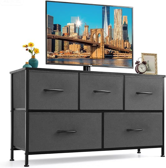 5-Drawer Dresser for Bedroom, Anti-Tip Wide Storage Organizer Fabric | Chest of Drawers TV Stand for 45" TV with Wooden Top and Metal Frame for Closet, Living Room, Hallway, Entryway, Gray