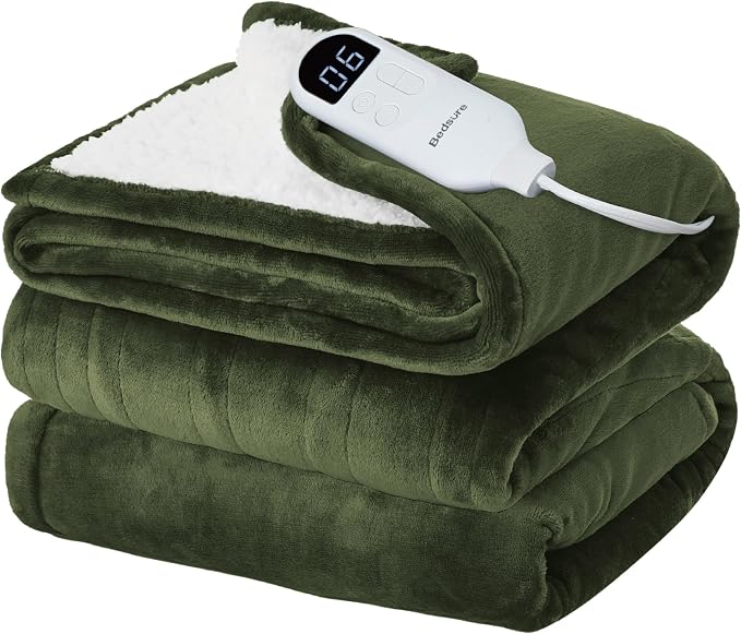 Bedsure Heated Blanket Full Size, Soft Electric Blanket with Preheat, Green | 6 Heat/6 Timer Settings, 8H Auto Shut-Off, ETL/FCC, Flannel Sherpa, Machine Washable, Gifts for Grandma Grandpa, 72x84in