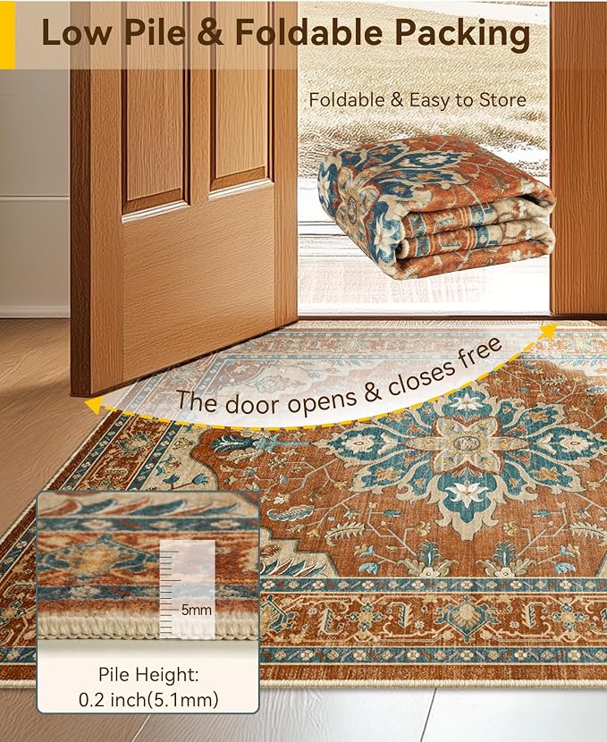 RELEANY Washable Area Rug, Small 2'x3', Red/Orange/Blue/Brown | Non-Slip, Water Repellent, Pet Friendly, Easy to Clean, Vintage Floral Boho Decor for Kitchen Entryway Bathroom