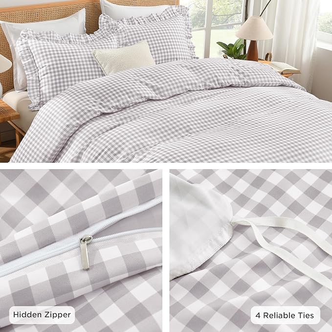 Andency Light Grey Gingham Duvet Cover Queen, Ruffle Chic Bedding Set 3 Pcs | Farmhouse Soft Pre-Washed Polyester Comforter Cover with Zipper Closure & Corner Ties, 90x90Inch