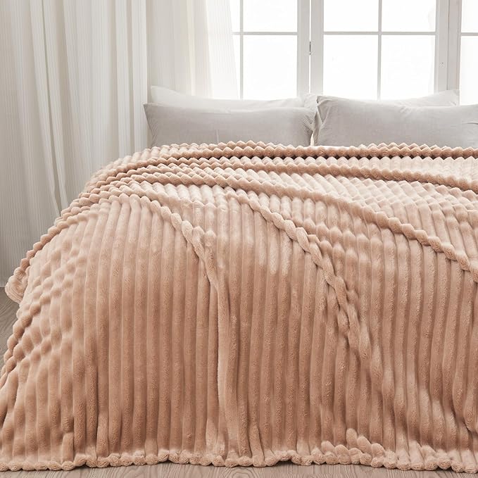 NEWCOSPLAY Fleece Ribbed Cozy Queen Blanket for Couch, Taupe, 90"x90" | Premium Silky Flannel Blanket, Soft Lightweight Fluffy Throw Blanket for Bed Sofa Decor, Gift for All Season Use
