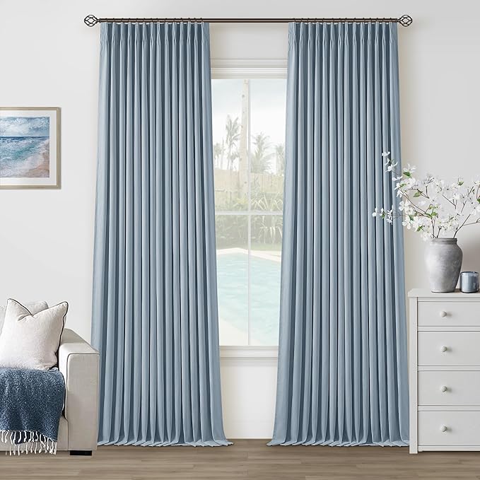Dusty Blue Pleated Linen 100% Blackout Curtains 102 Inches Long for Bedroom | Black Out Room Darkening, Thermal Insulated, Pinch Pleat Rings Hooks, for Living Room, Light Blue Curtains with Liner 40x102