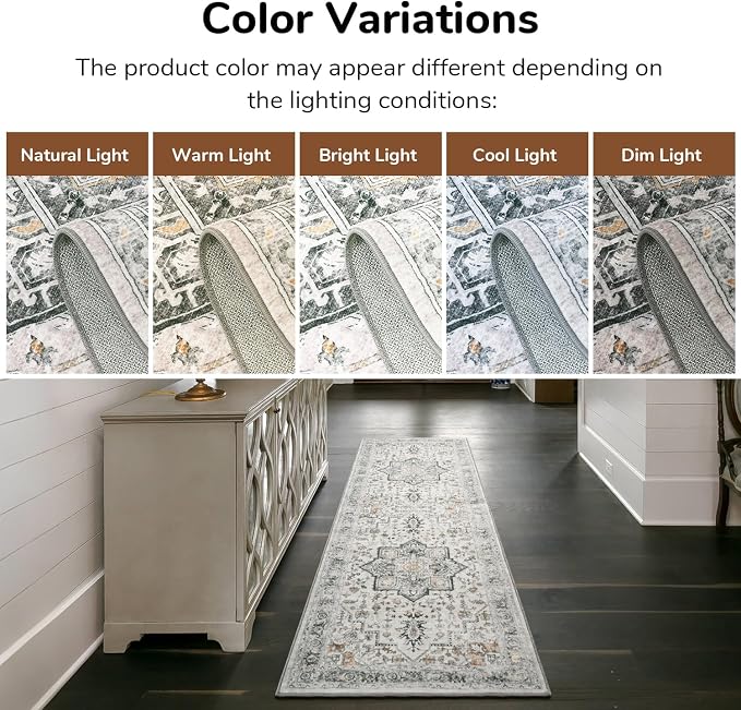 Washable 2x6 Runner Rug for Hallway Entryway, Non Slip Kitchen Area Rugs Indoor Mat for Bedroom Bathroom Laundry Farmhouse, Soft Vintage Floor Carpet Stain Resistant Low Pile, Grey/Brown