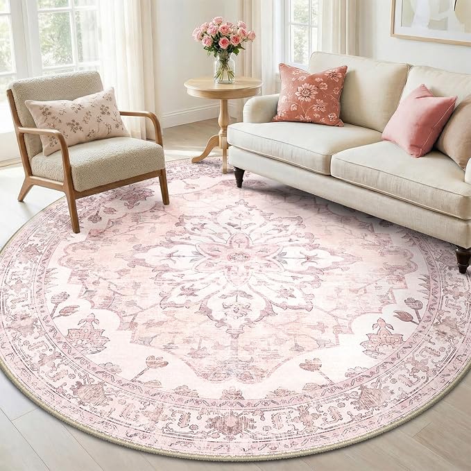 RELEANY Washable Area Rug, Round 6ft, Pink | Non-Slip, Water Repellent, Pet Friendly, Easy to Clean, Vintage Floral Boho Decor for Living Room Bedroom Dining Room