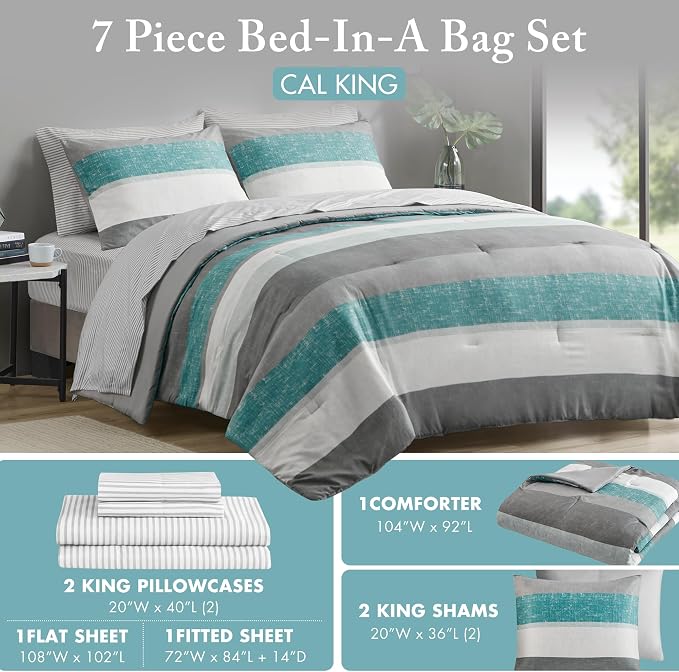 Madison Park Essentials King Comforter Set, Bed in A Bag Comforter & Sheet Set, Modern Casual Stripes Print, All Seasons, Soft Microfiber Bedding Makeover, Matching Shams, Cal King Aqua/Grey 7 Piece