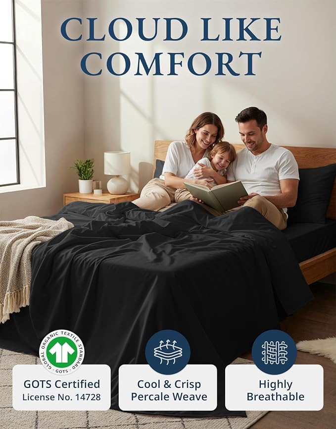 LANE LINEN Twin XL Sheets 100% Organic Cotton Soft 3pc Percale - Black | Organic Cotton Percale Twin XL Sheet Set - Naturally Cooling & Lightweight, Cool All Summer, Cozy All Winter