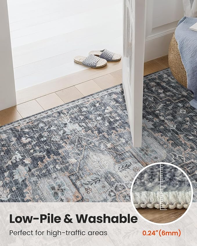 AMADA HOMEFURNISHING 6x9 Area Rugs, Blue Low-Profile Washable Rug with Non-Slip Backing & Durable Edge Binding, Vintage Rugs for Living Room, Bedroom, Dinning Room