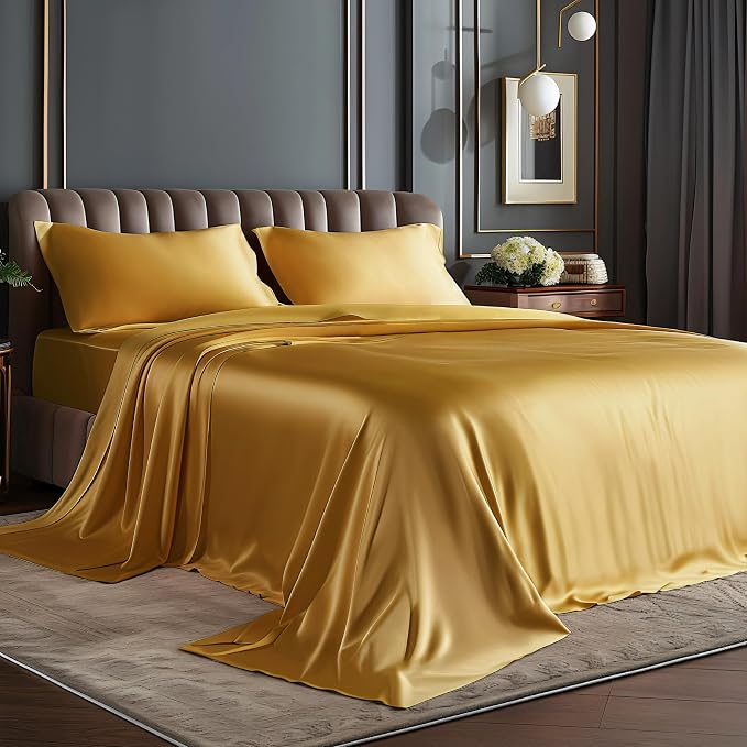 BEDELITE Satin Sheets King Size Bed Set, Gold, 4 Pieces | Luxury Silky Bed Sheets, 15 Inch Deep Pocket, Similar to Silk, Soft and Cooling, Reduces Friction, Gentle on Hair and Skin