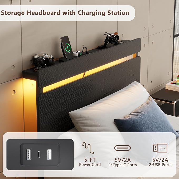 Forestell Twin Bed Frame with Wood Headboard,2 Storage Drawers & Shelf | Built-in Charging Station & LED Lights, Metal Support, No Box Spring Needed, noise-free, easy assembly, Smart RGB, USB+Type-C