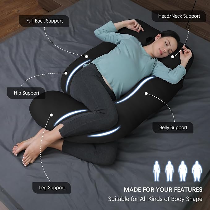 MOON PARK Pregnancy Pillows for Sleeping - U Shaped Full Body Maternity Pillow with Removable Cover - Support for Back, Legs, Belly, Hips - 57 Inch - Black - Cooling Cover